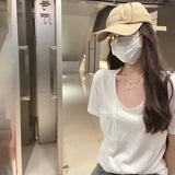 Sweet Cool Spicy Girls Korean Version Of The Shoulder Low-Collar Short-Sleeved T-Shirt Women's New Design Feel Tight Show Thin Bottomed Blouse