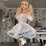 Yipinpay Shoulder Lace Spliced Dress Dark Style Waist Shows A Thin And Fluffy Short Skirt Woman