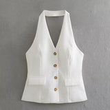 Yipinpay New Autumn Style Wide-Leg Trousers Suit With Bare Back And Collar Vest And Pleated Legs