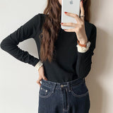 Yipinpay Semi-High-Necked Velvet Bottomed Blouse With A New Style Of Long-Sleeved Knitted Velvet And Warm Lace Blouse