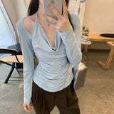 French Chic Shoulder-Exposed Shoulder Collar Long-Sleeved T-Shirt Women's Early Autumn New Pleated Thin Blouse
