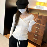Yipinpay Crossed V-Neck Long-Sleeved Blouse For Women In Autumn And Winter, The New Style Is Slim And Beautiful And Chic With A Bottomed T-Shirt.