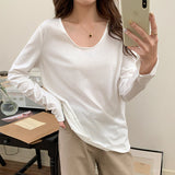 Yipinpay T-Shirt Women's Long-Sleeved Undershirt Cotton Loose Open Collarbone U-Collar Blouse