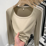 2025 New Spring And Autumn Style Threaded Square Collar Long-Sleeved T-Shirt Women's High Waist Leaky Navel Minority Solid Color Undercoat
