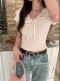French Style V-Neck Wooden Ear Pleated Short-Sleeved T-Shirt A New Short-Style Foreign-Style Waist Blouse For Women In Summer