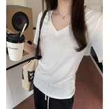 Basic White V-Collar Casual Short-Sleeved T-Shirt Women's New Summer Design Niche Shoulder Blouse