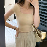 Large Square Collar Design Small Solid Color T-Shirt Women's Short Sleeves Show Thin Exposed Collarbone Short Style Sweet Hot Style Blouse