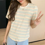College Style Rainbow Striped Round-Neck T-Shirt Women's Summer Loose Style Vintage Blouse Design Sense Minority