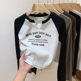 European Shoulder V-Collar T-Shirt Women's Long-Sleeved Spring And Autumn Decoration With Threaded Bottomed Shirt And Short High-Waist Chic Blouse