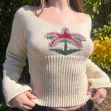 Retro Spice Girl U-Collar Slim And Thin Woolen T-Shirt 2025 Autumn New Lovely Coconut Pattern Sweater