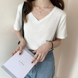 2025 Summer New Threaded Pure Color Short-Sleeved Knitted V-Collar T-Shirt Design Feeling Bottomed Blouse