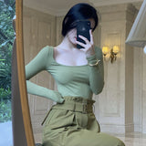 Yipinpay The Spring Of 2024, European Products Wear A Long-Sleeved T-Shirt Blouse To Show Their Breasts, Slim Their Breasts, And Tighten Their Collarbones, Large U-Necks, Square Neckline And Bottom Shirts.