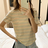 College Style Rainbow Striped Round-Neck T-Shirt Women's Summer Loose Style Vintage Blouse Design Sense Minority