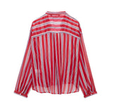 Yipinpay Spring Style Knot Striped Translucent Long-Sleeved Shirt 3333244