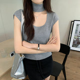Design Sense Hanging Neck Shoulder Sleeveless Knitted Shirt Spring New Slim High Waist Short Vest Bottomed Blouse
