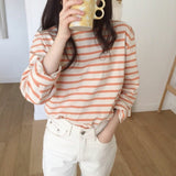Yipinpay Spring And Autumn Wear Korean Version Of Striped T-Shirt Women's Long Sleeves Loose Leisure Lazy Wind Pure Cotton Student Shirt Trend