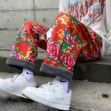 Big Flower Leisure And Velvet Foot Casual Pants Large Size Chinese Wind Peony National Characteristics And Velvet Big Flower Pants