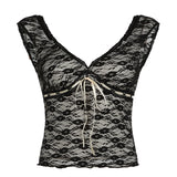 Hot Girl V-Collar, Low-Cut, Sexy, Slim, Bare Back With Lace Solid Color Sleeveless T-Shirt Summer Style