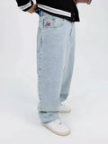 Yipinpay Boy Jeans Y2K Hip-Hop Cartoon Embroidery Retro Blue Loose Gothic Wide-Legged Pants