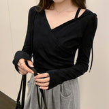 Yipinpay V-Necked, Shoulder Padded, Long-Sleeved T-Shirt With New Autumn And Winter Waist And Short Style Lazy Wind Blouse