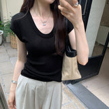 Basic Solid Color U-Collar Short-Sleeved T-Shirt Women's New Springy Slim, Simple And Easy To Wear In Summer