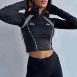 Sweet And Hot Wind Impact Color Zipper Stitching Standing Collar Trimming Tooling Machine Can Long-Sleeved T-Shirt Blouse 2024 Cool Women's Wear