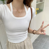 Pure Desire Hot Girls Design Sense To Hang Neck U-Collar Short-Sleeved T-Shirt Summer New Style Waist Shows Slim All Kinds Of Short Style Blouse Trend