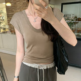 Basic Solid Color U-Collar Short-Sleeved T-Shirt Women's New Springy Slim, Simple And Easy To Wear In Summer