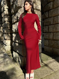 Yipinpay Solid High Waist Fashion Maxi Dress For Women Long Sleeve Patchwork Slim Elegant Party Dress Autumn 2024 Female Long Dress