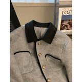 Yipinpay Grey Quilted Coats Vintage Women Clothing Contrast Lapel Woolen Jacket Autumn Winter Coats Harajuku Jaquetas Chaqueta