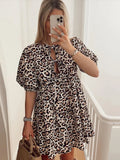 Yipinpay Short Puff Sleeve Leopard Mini Dress Women 2024 Elegant Lace Up Round Neck Short Dress Summer Loose Casual Beach Dress