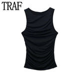 Yipinpay 2023 Black Crop Top Women Ruched Tank Tops Y2k Streetwear White Sleeveless Top Female Fashion Summer Sexy Tops Woman