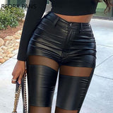 Yipinpay Women Casual High Waist Mesh PU Leather Patchwork Skinny Black Pencil Pants