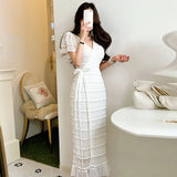 Yipinpay De Mujer Elegantes V-neck Lace Up Waist Palace Style Lace Hook Flower Dress Women Robe Femme White Jacquard One Piece