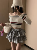 Yipinpay Sexy Hot Girl Suit Women's Autumn Hair Off Shoulde Twists Knittied Pullover High Waist Mini Skirt Fashion Two-piece Set