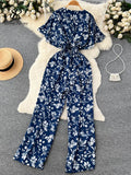 Yipinpay Beach Summer Floral Jumpsuits Fashion V Neck Elastic Slim Short Sleeve 2024 Streetwear Vacation Retro Long Rompers