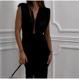 Yipinpay Pleated Lace Up Deep V-neck Dress Women Chic Solid Sleeveless High Waist Split Dresses Summer Lady Party Banquet Vestidos