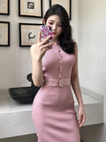 Yipinpay Temperament Sexy Slim Single-breasted O Sleeveless Stretch Knitted Bag Hip Dress Women Split Mini Fashion Bottom Wild Autumn