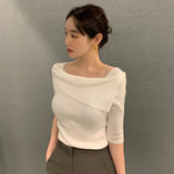 Yipinpay Shirts for Women Slim One Shoulder Half Sleeve T Shirt Women Thin Ice Silk White Top Short Sleeve Black Knitted Tshirt