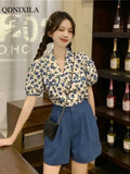 Yipinpay Summer Small Cute Sweet Floral Women's Shorts Sets Fashion Loose Bubble Short Puff Sleeve Shirt+wide Leg Shorts 2-piece Set 0406