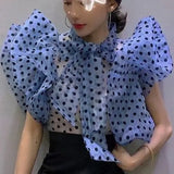 Yipinpay Puff Sleeve Black Polka Dot Shirt Women Vintage Blusa Bow Lace Up Lantern Sleeve Transparent Shirt New Blouse Top 2023