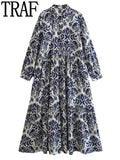 Yipinpay 2023 Vintage Print Long Dress Women Blue Shirt Dress Woman Ruffle Long Sleeve Midi Dresses Women's Elegant Loose Dresses