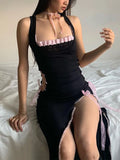 Yipinpay Fairycore Grunge Sweet Dress Women Soft Goth Aesthetic Streetwear Pink Lace Patchwork Bandage High Waist Corset Dress