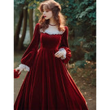 Yipinpay Hepburn Red Velvet Long Dress Spring/Autumn New Square Neck Long Sleeve Waist Slim Red Antique Vintage Dress for Women