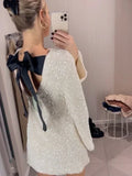 Yipinpay Tee Bow Backless Sequin Mini Dress Female Glitter Long Sleeve High Street Elegant Party Looks Dress Fashion Short Dress