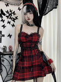 Yipinpay Mall Gothic Red Plaid Dress Women Streetwear Harajuku Emo Alt Lace Patchwork Bandage Corset Dress Y2k Cute Lolita Dress