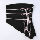 Yipinpay Women's Y2K Kawaii Ruffled Asymmetrical Tube Tops Summer Strapless Bow Front Bandeau Tops Lettuce Trim Fairy Tanks