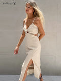 Yipinpay Sexy Women Vacation Cotton Linen Dress Hollow Out V-Neck Cross Straps Dress Split Long Beach A-Line Dress Lady 2023