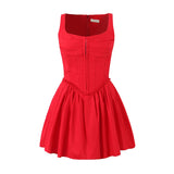 Yipinpay New Women Red Hem Pleated Mini Dress Sexy Sleeveless Low Waist Female Summer Party Dresses Cotton Robe