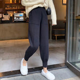 Yipinpay Women pants autumn and winter black casual knitted pants loose elastic spring and autumn nine points Harlan radish pencil pants